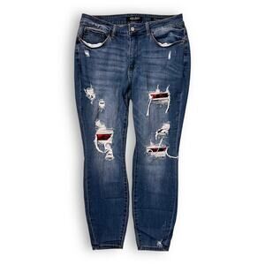 Judy Blue Skinny Jeans Distressed Plaid Patch High Rise Stretch Blue 14W